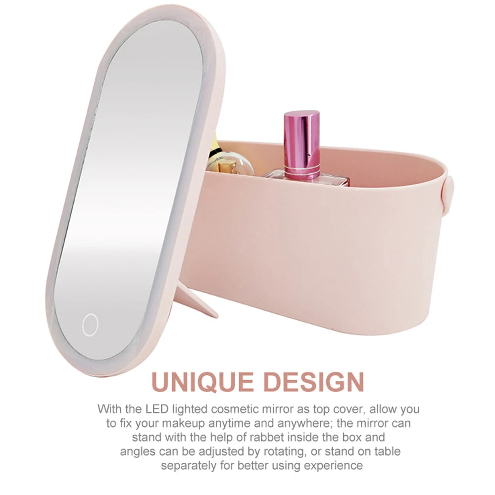 With LED lighted cosmetic mirror as a top cover, allow you to fix your makeup anytime and anywhere, the mirror can stand with the help of rabbet inside the box and angles can be adjusted by rotating, or stand on table separately for better using experience