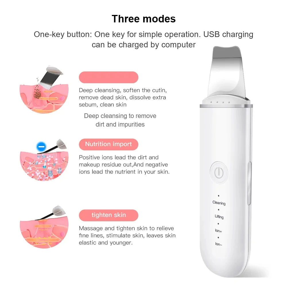 Three modes face cleansing scrubber color white, one-key button, usb charging can be charged by computer , deep cleansing , soften the cutin, remove dead skin, dissolve extra sebum , positive ions leads the dirt and makeup residue out, massage and tighten skin to relieve fine lines, stimulate skin, leaves skin elastic and younger. 